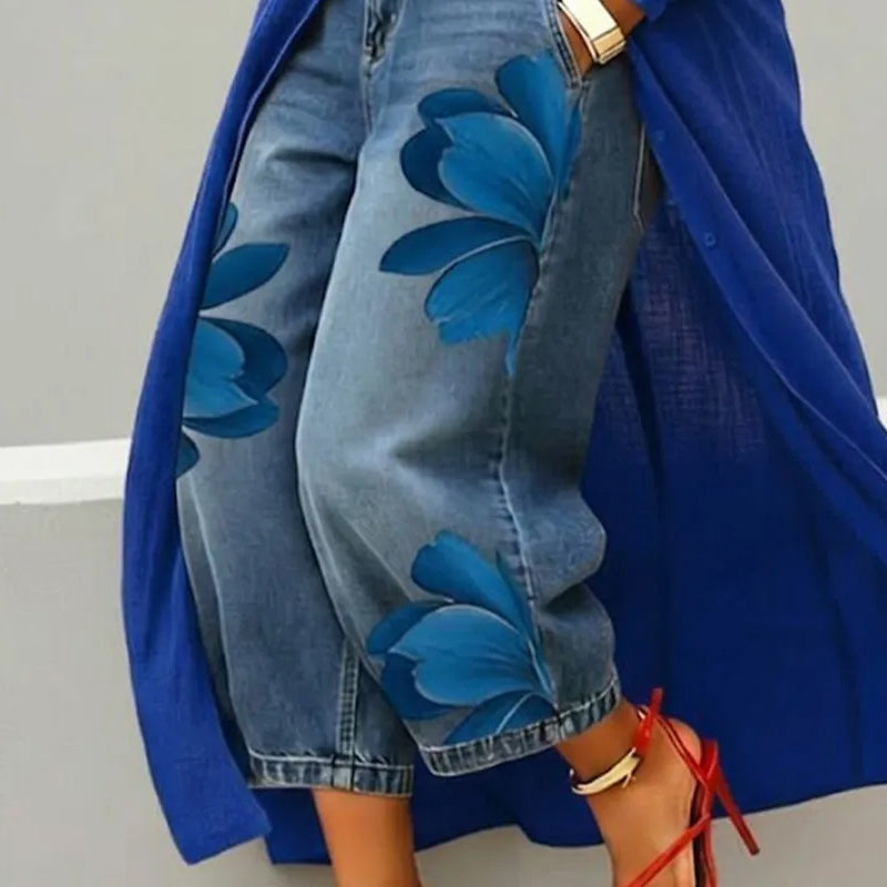 ✨ Dámské džíny se širokými kalhotami a květinovým vzorem