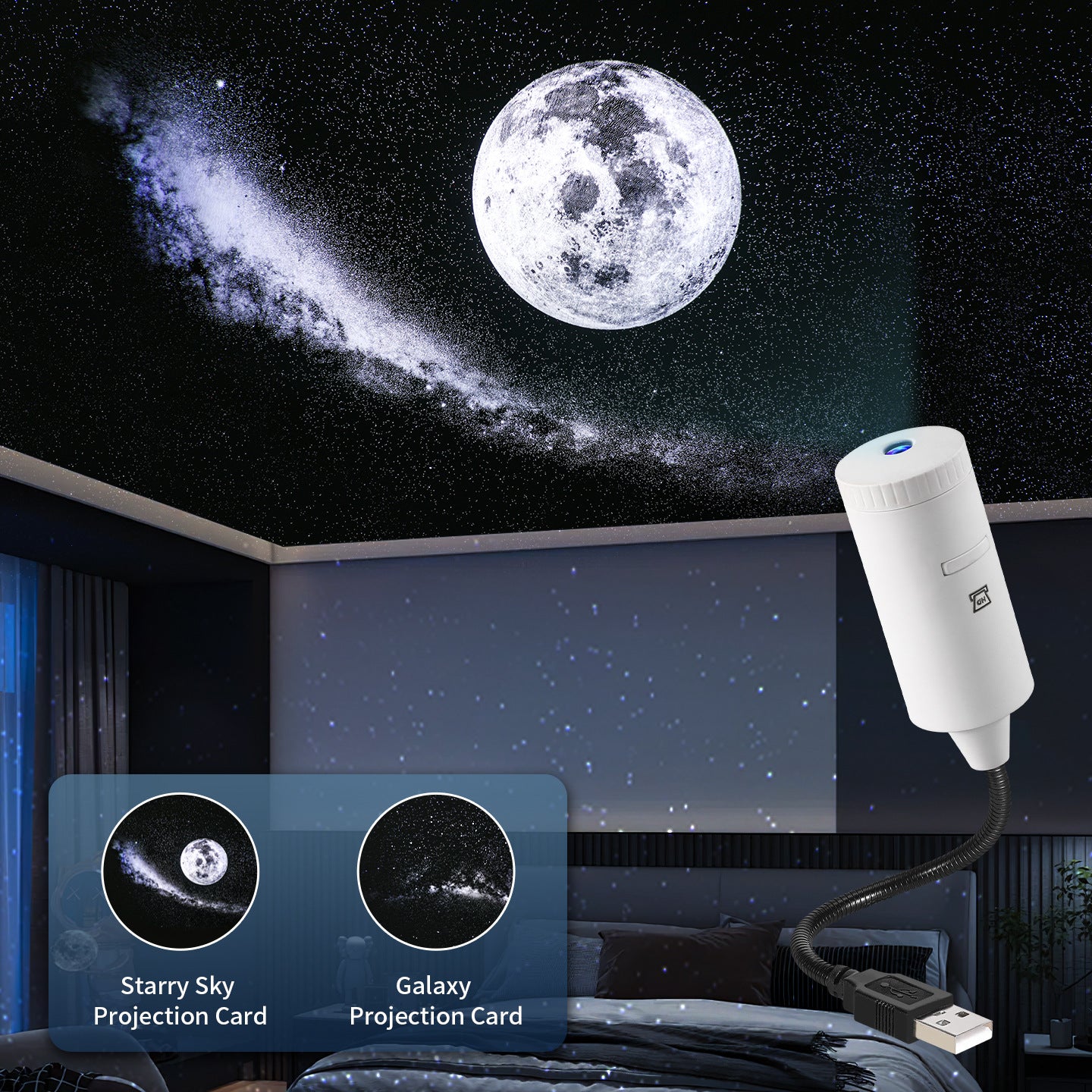 Noční světlo s projekcí hvězdné oblohy, 5V projekce planet a galaxií do ložnice, romantické ambientní světlo s hvězdnou oblohou
