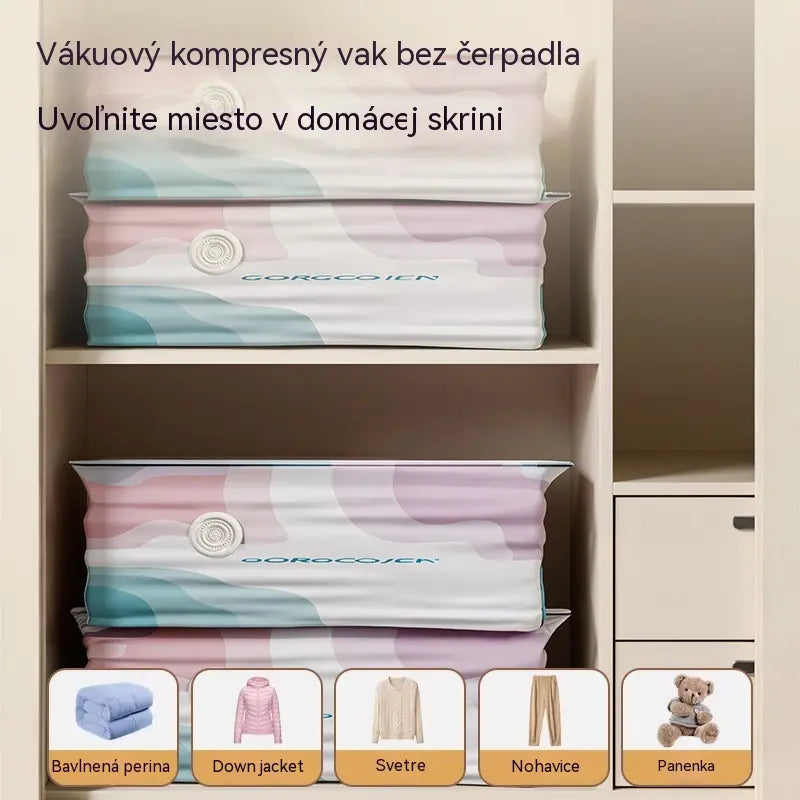 🧳 5 kusov za 23 eur 💨 Veľké, stlačiteľné vákuové úložné vrecko: nevyžaduje pumpičku, je nepriepustné a ideálne na úsporu miesta v kufri a doma ✈️