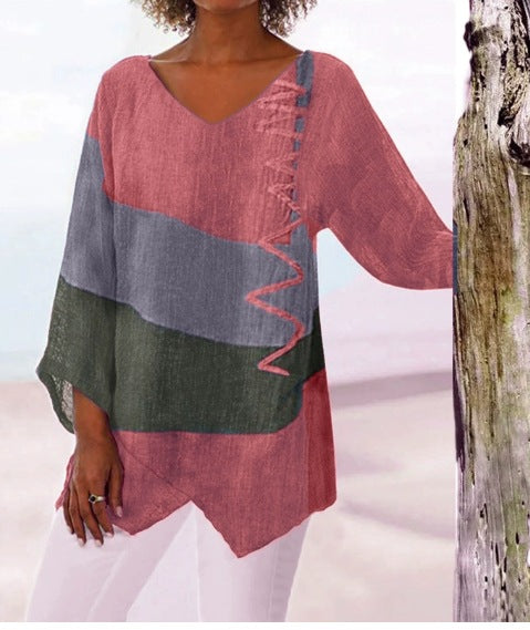 ⏳ Poslední den – sleva 50 % 😍【S~5XL】Dámský elegantní ležérní top s výstřihem do V a dlouhým rukávem, uměleckým vzorem a potiskem
