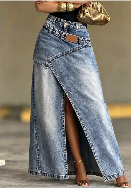 🥇【S-3XL】Dámská džínová maxi sukně s vrstveným pasem; volný střih, stylový design.