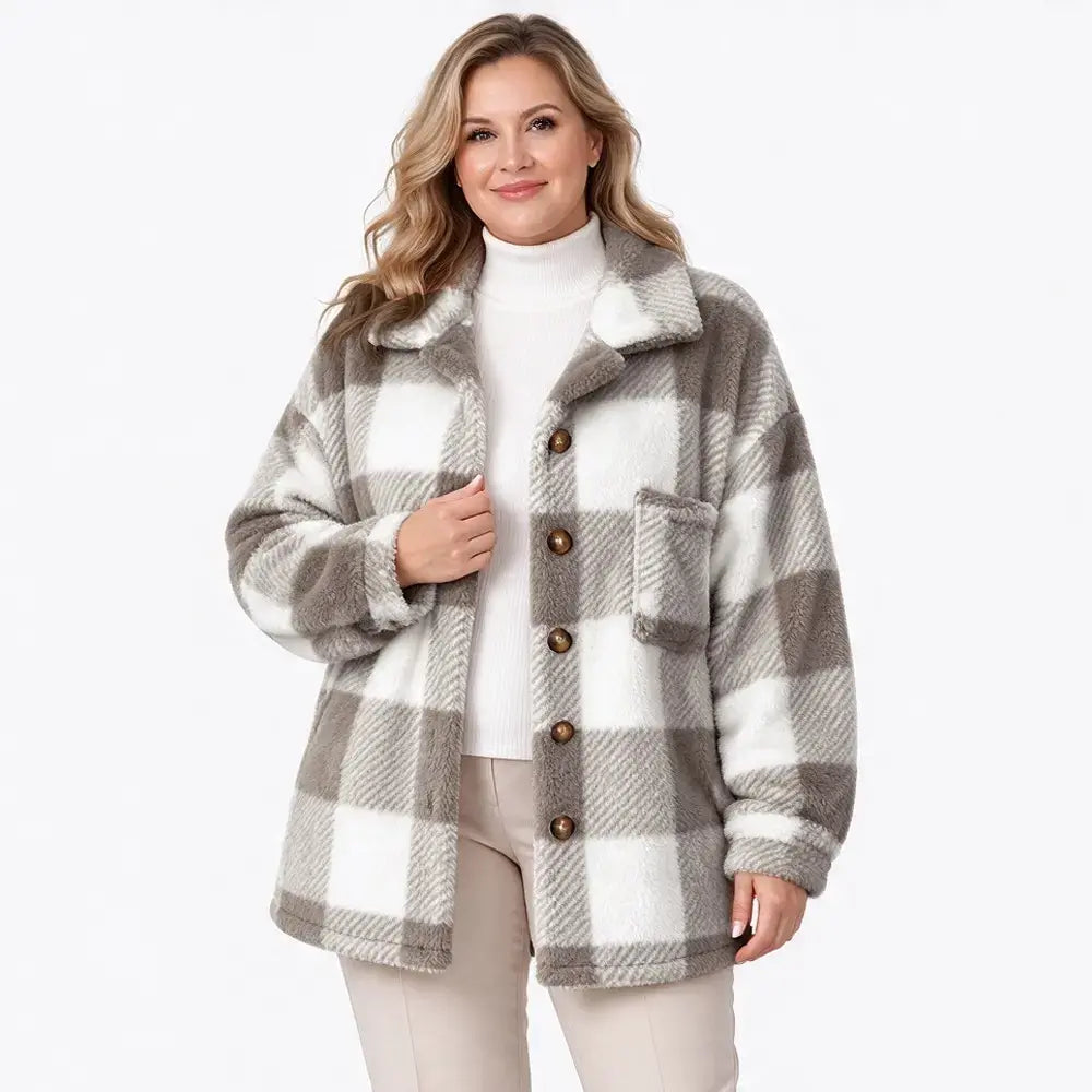 🧥【S–5XL】Dámský kostkovaný plyšový kabát z umělé srsti, volný střih, teplý kabát na podzim a zimu