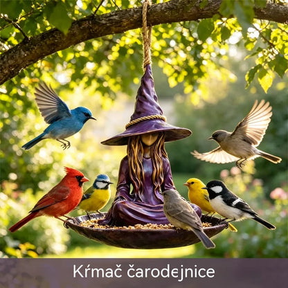 Závěsné krmítko pro ptáky „Meditující čarodějnice“, kreativní a magická dekorace do zahrady, na terasu a do dvora, odolný materiál