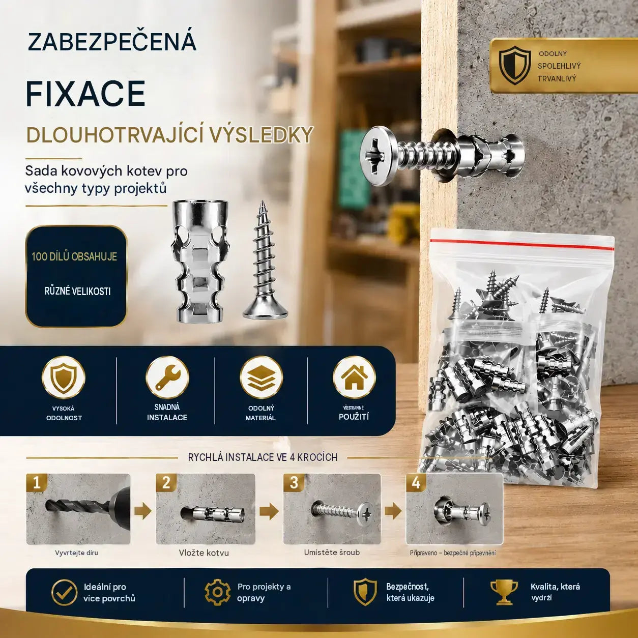 🛠️【100 párů】🔩 Sada samovrtných kotev do sádrokartonu se šrouby 🧱 – Snadno instalovatelné příslušenství pro montáž na zeď