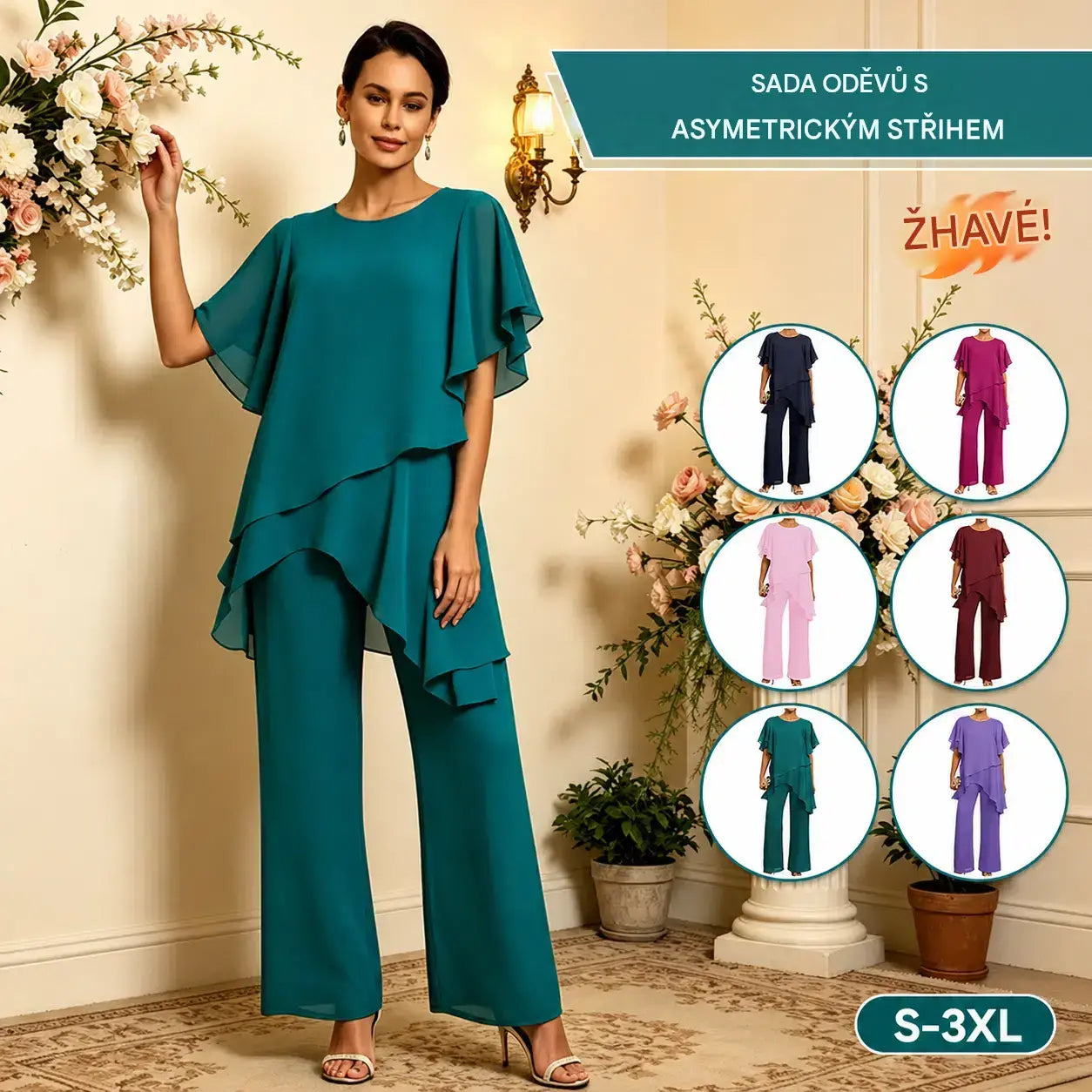 Elegantní šifonový set: Asymetrický top s volánky a kalhoty s širokými nohavicemi – Sofistikovaný outfit na společenské události, velikost S-3XL