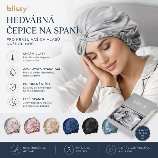Hedvábná čepice – 100% morušové hedvábí – ochrana proti krepatění vlasů – prodlužuje délku foukaných vlasů