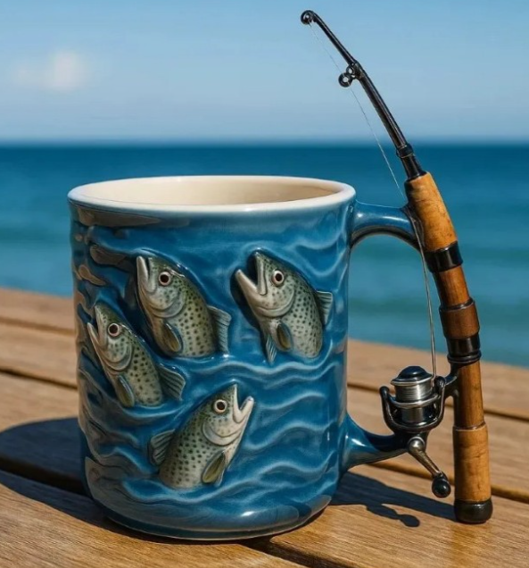 🎣☕Nový rybářský hrnek Kreativní hrnek vyrobený z pryskyřice, speciálně navržený pro rybářské nadšence.