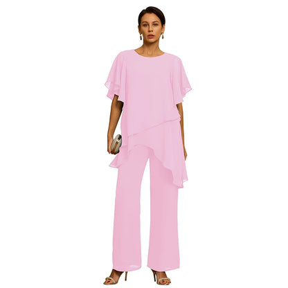 Elegantní šifonový set: Asymetrický top s volánky a kalhoty s širokými nohavicemi – Sofistikovaný outfit na společenské události, velikost S-3XL