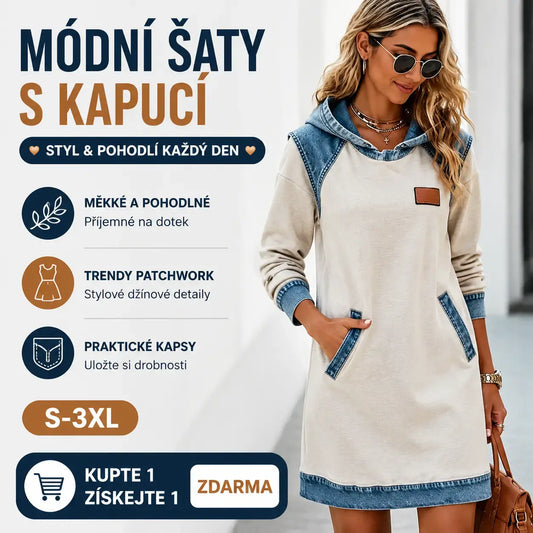 🌷🌞Zimní novinka Módní džínové patchworkové šaty s kapucí