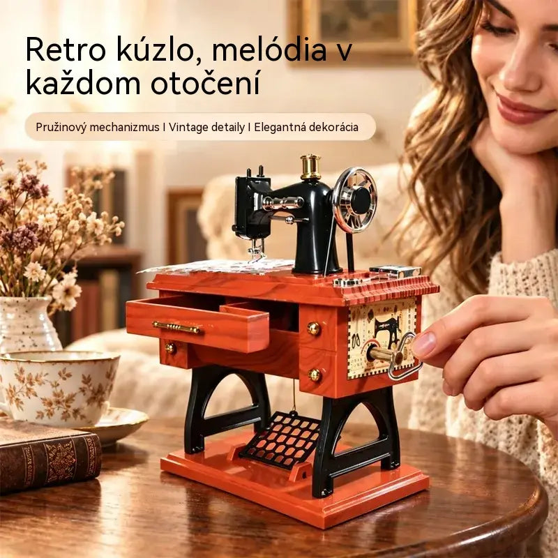 🎵✨ Dřevěná hrací skříňka ve stylu vintage šicího stroje | Stolní dekorace s natahovacím mechanismem | Retro dárek 🧵