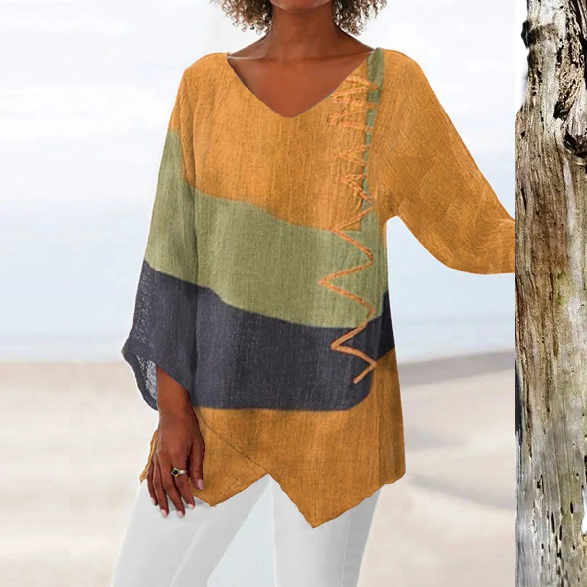 ⏳ Poslední den – sleva 50 % 😍【S~5XL】Dámský elegantní ležérní top s výstřihem do V a dlouhým rukávem, uměleckým vzorem a potiskem