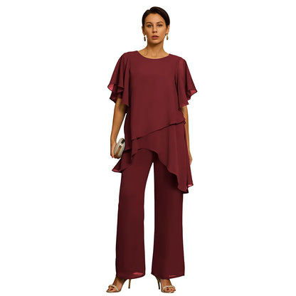 Elegantní šifonový set: Asymetrický top s volánky a kalhoty s širokými nohavicemi – Sofistikovaný outfit na společenské události, velikost S-3XL