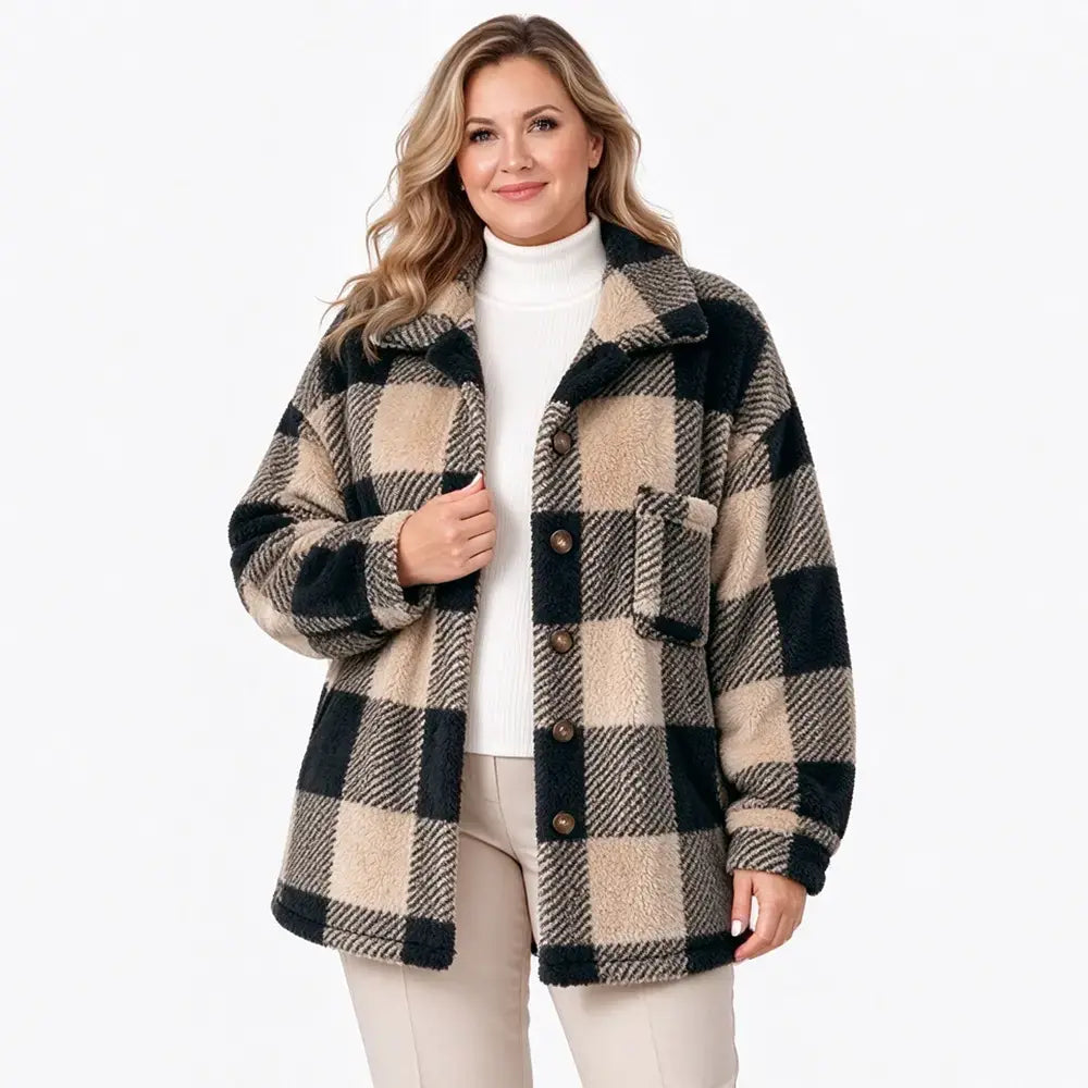 🧥【S–5XL】Dámský kostkovaný plyšový kabát z umělé srsti, volný střih, teplý kabát na podzim a zimu
