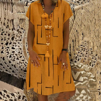 【45% OFF】【🏆 Kupte 1 a získáte 1 zdarma】👗【S-5XL】Potištěné bavlněné šaty s výstřihem do V