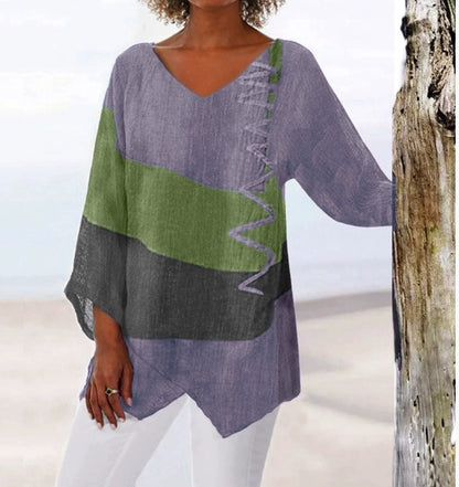 😍 [S~5XL] Dámský elegantní ležérní top: výstřih do V, dlouhý rukáv, umělecký potisk