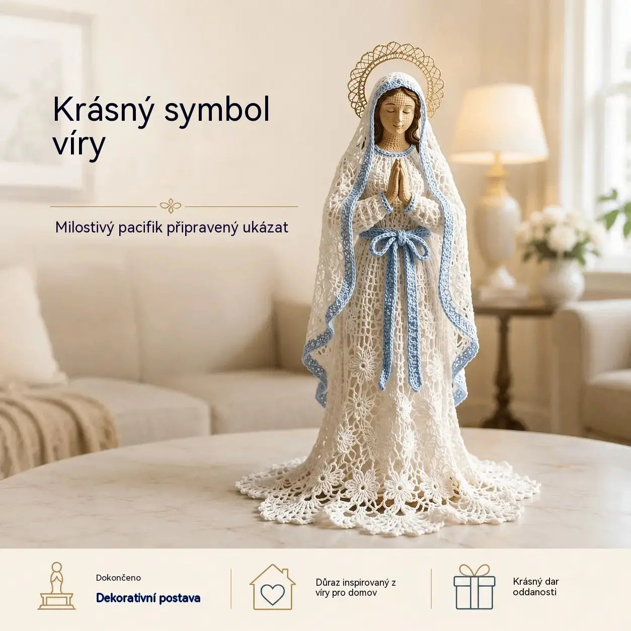 Ručně pletená figurka Panny Marie v háčkovaném a krajkovém stylu.
