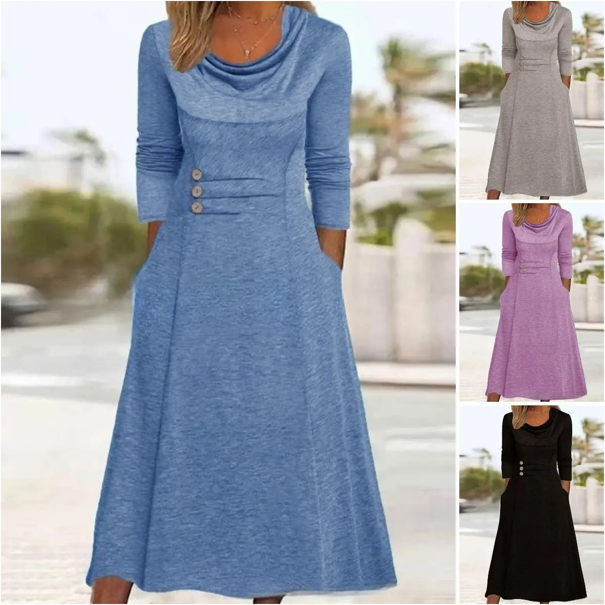 【S-3XL】👗 Nové podzimní jednobarevné šaty s kulatým výstřihem a knoflíkem v pase do kapsy pro rok