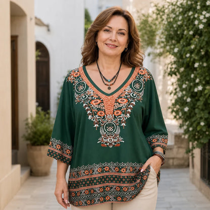 Elegantní damská halenka s boho potiskem a výstřihem do V, volný střih, retro etnický styl, jemný a stylový materiál