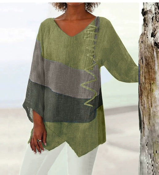 😍 [S~5XL] Dámský elegantní ležérní top: výstřih do V, dlouhý rukáv, umělecký potisk