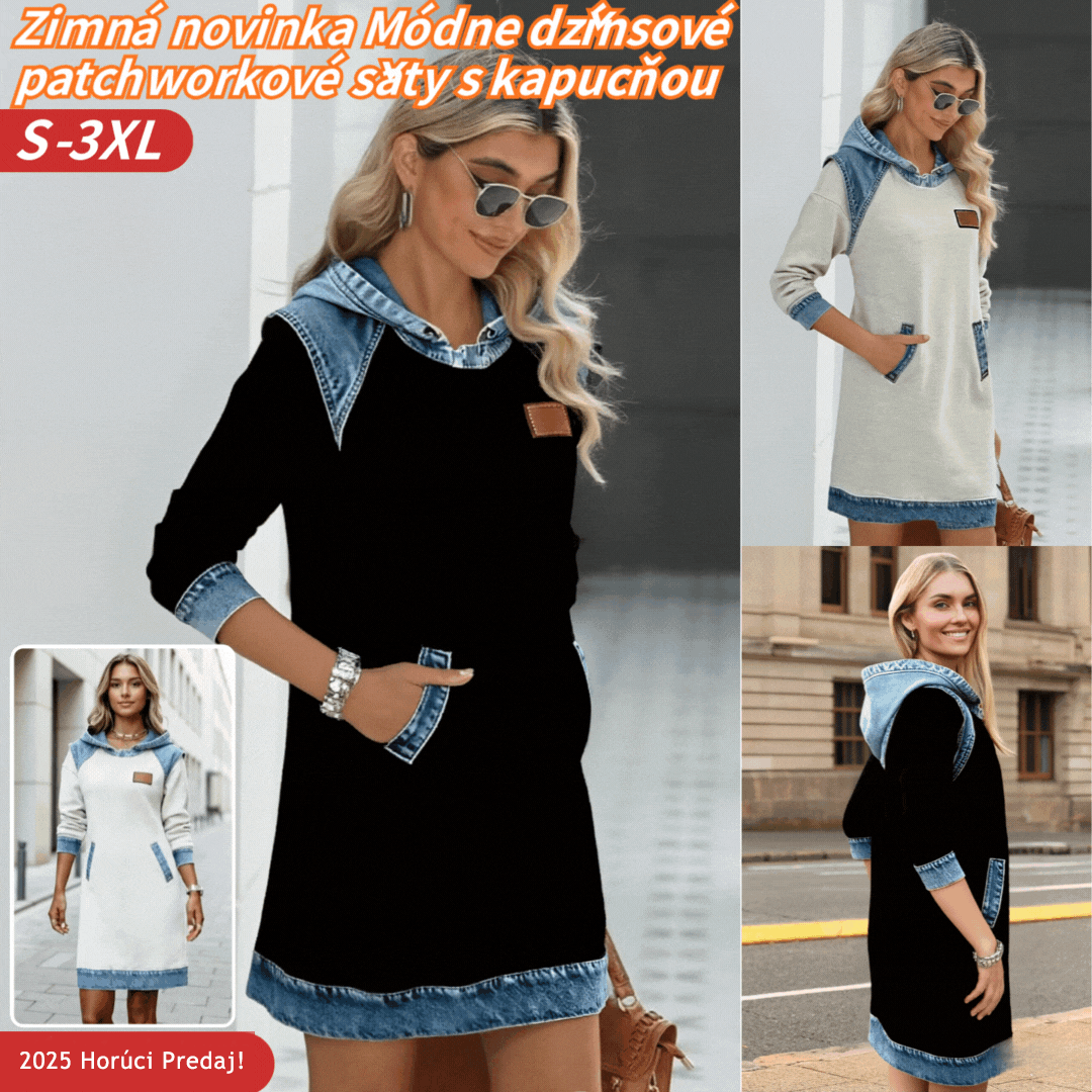 🌷🌞Zimní novinka Módní džínové patchworkové šaty s kapucí
