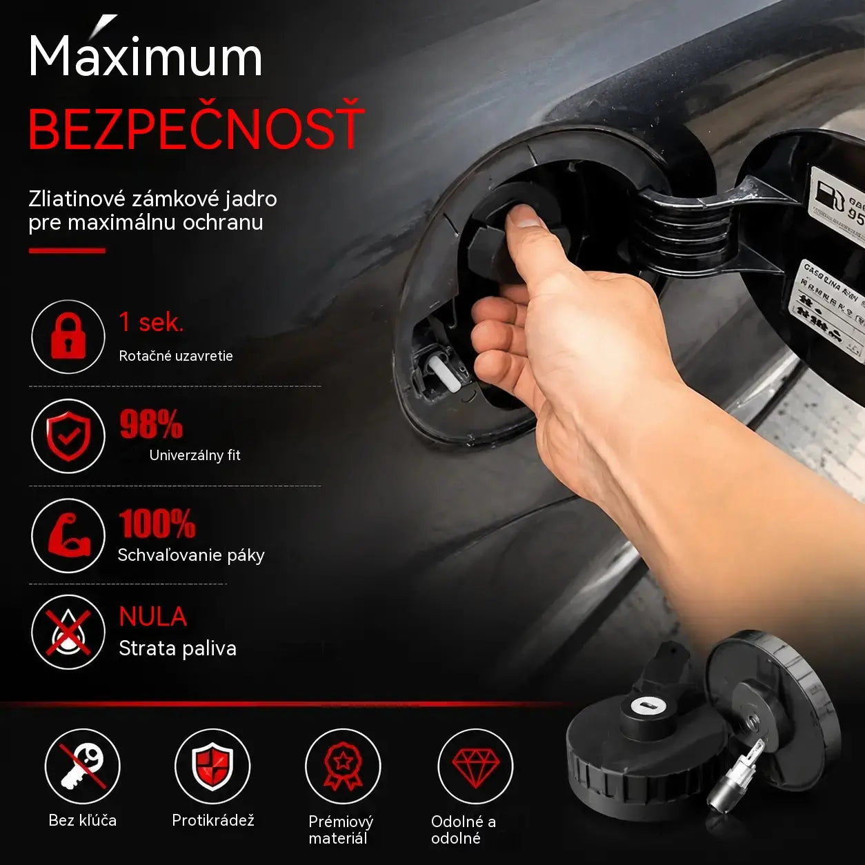 🚗🔒Odolný, uzamykatelný (klíčem) uzávěr palivové nádrže