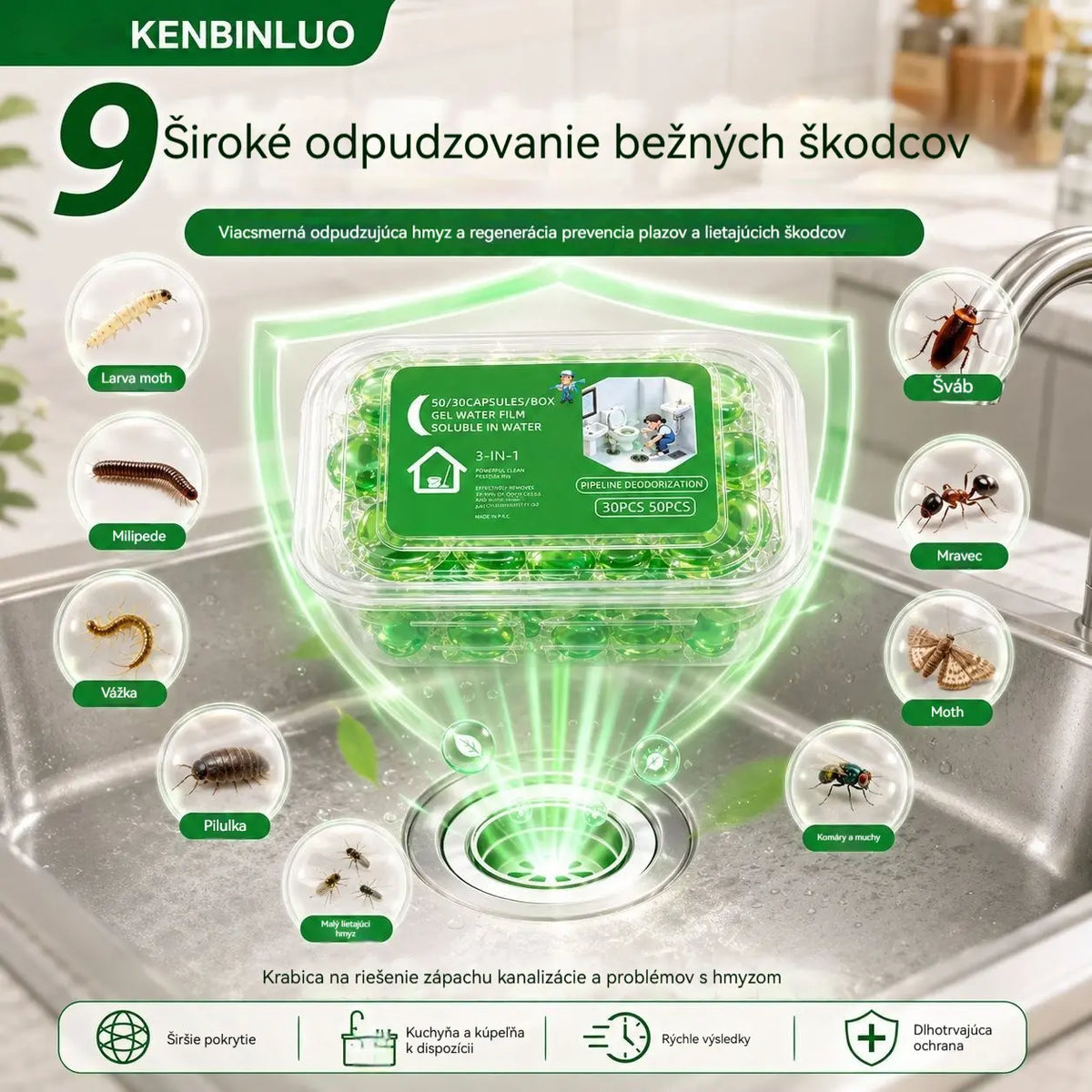 2 balení (100 tablet) 👍Vo vodě rozpustné kapsle pro eliminaci zápachu z odtoků – dokonalé řešení k zamezení šíření zápachu v koupelnách a kuchyních.
