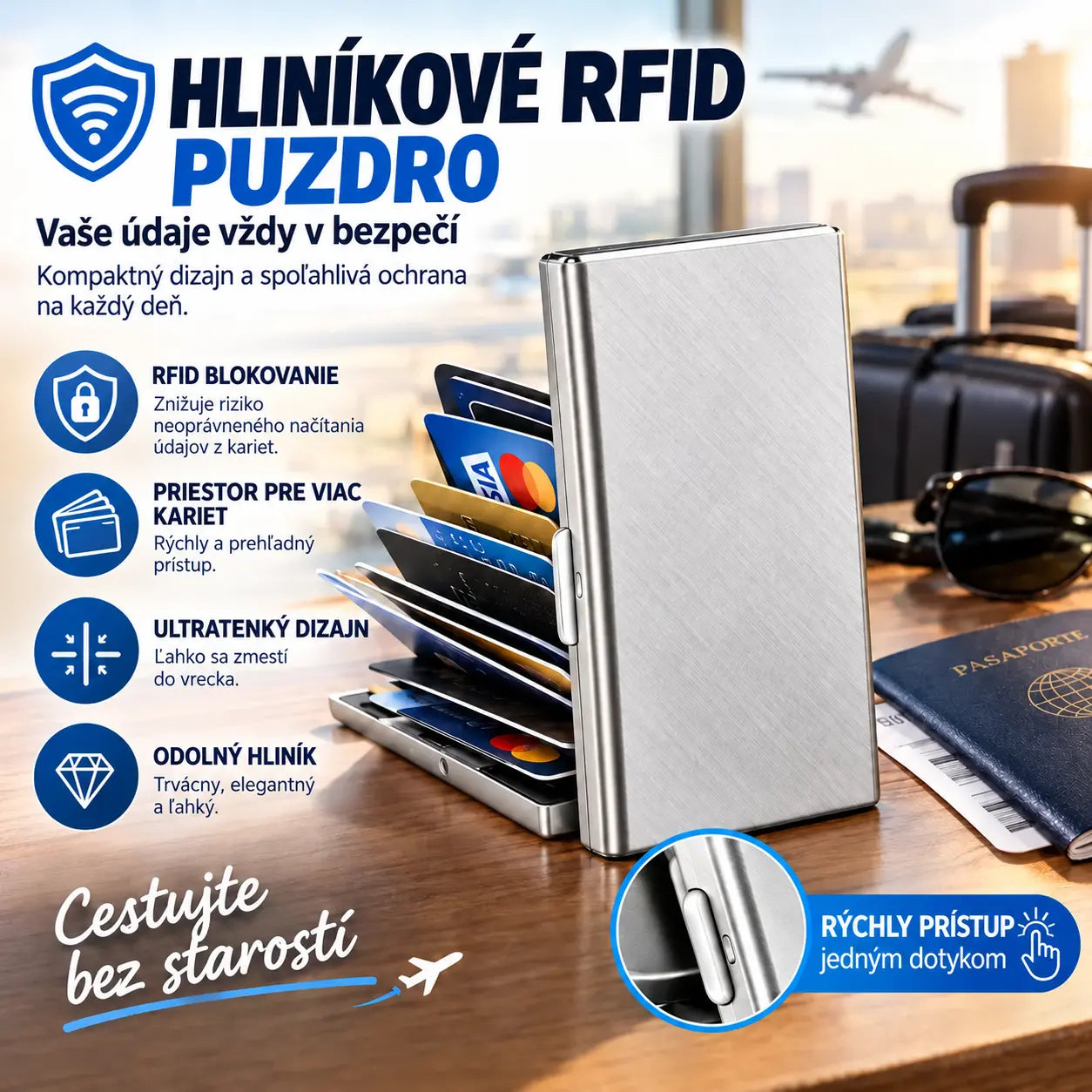 🛡️✨ Hliníkové pouzdro na karty s RFID ochranou – elegantní, kompaktní a lehké. Ideální pro bezpečné uložení karet a hotovosti! 💳