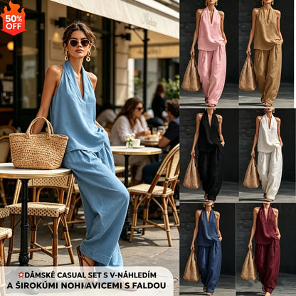 ✨Poslední den slevy 50 %✨ 【S-5XL】Dámský ležérní oblek, top s výstřihem do V + kalhoty s širokými nohavicemi