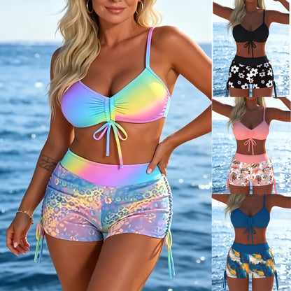 🌈Dámský bikinový set s krajkou a vzorem (s kraťasy)⛱️