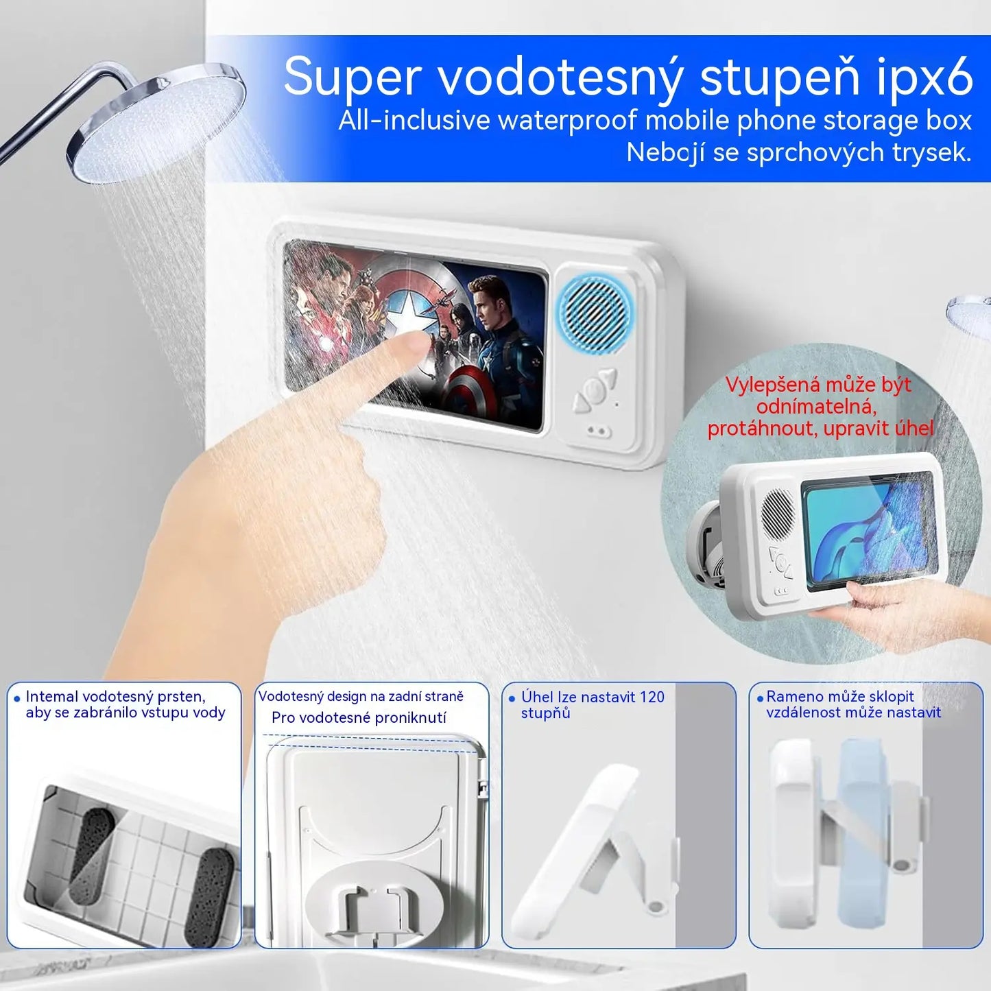 😅🛡️ Voděodolný Bluetooth držák na telefon do sprchy - otočení o 480° s reproduktorem