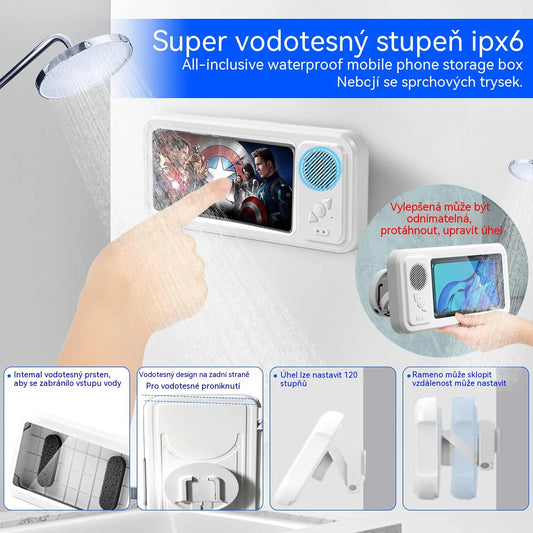 😅🛡️ Voděodolný Bluetooth držák na telefon do sprchy - otočení o 480° s reproduktorem