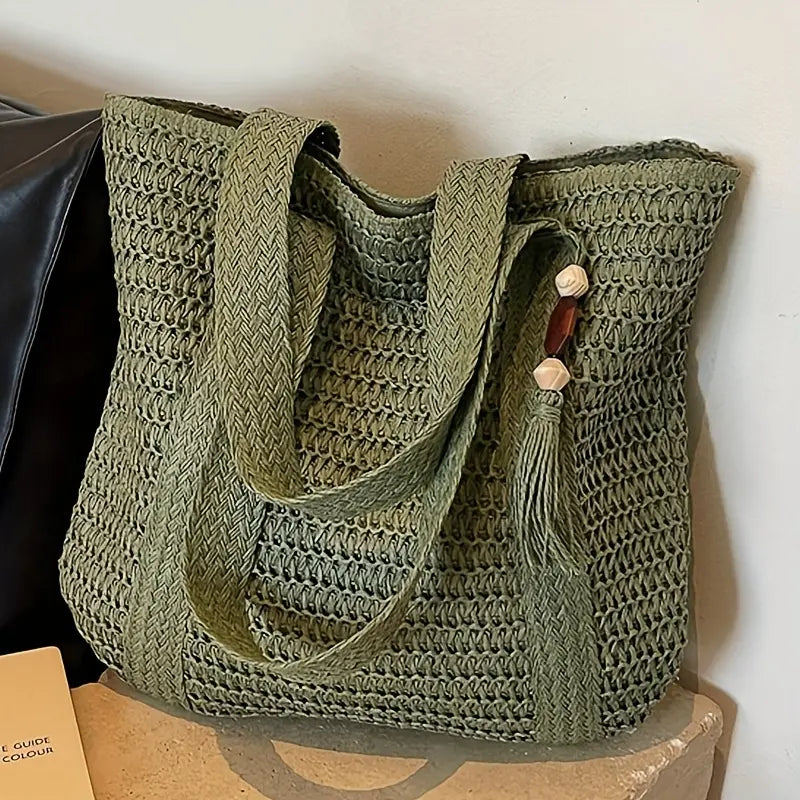 💖✨Dámská tkaná taška přes rameno — stylová jednobarevná taška přes rameno s ozdobnými střapci