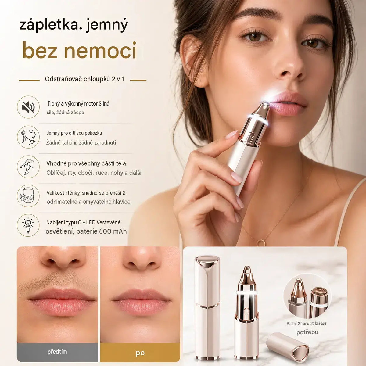 🎁 Model 2026 – 50% sleva💥💗 Zařízení 2 v 1 pro odstraňování chloupků na tváři a tvarování obočí