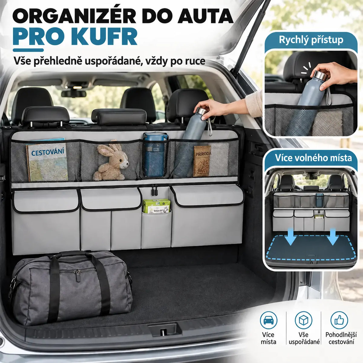 🚗📦 Závěsný organizér do kufru auta – rozměry 105 x 51 cm, uvolní podlahu kufru, kompatibilní s SUV a rodinnými auty, barvy černá a šedá.