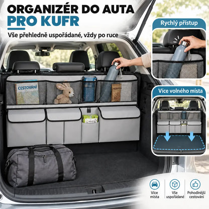 🚗📦 Závěsný organizér do kufru auta – rozměry 105 x 51 cm, uvolní podlahu kufru, kompatibilní s SUV a rodinnými auty, barvy černá a šedá.