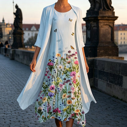 🔥 Poslední den slevy 50 %!【S-5XL】Letní šaty s kulatým výstřihem a potiskem, prodyšné a pohodlné, zeštíhlující a snadno kombinovatelné.【Bunda + Sukně】