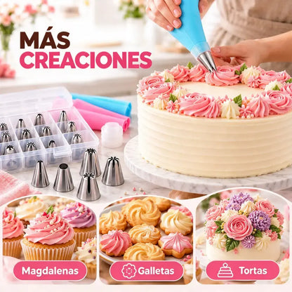 🎂✨ Sada na zdobení dortů s 38 díly, 32 trysek z nerezové oceli se 2 silikonovými zdobicími sáčky a organizérem 🧁