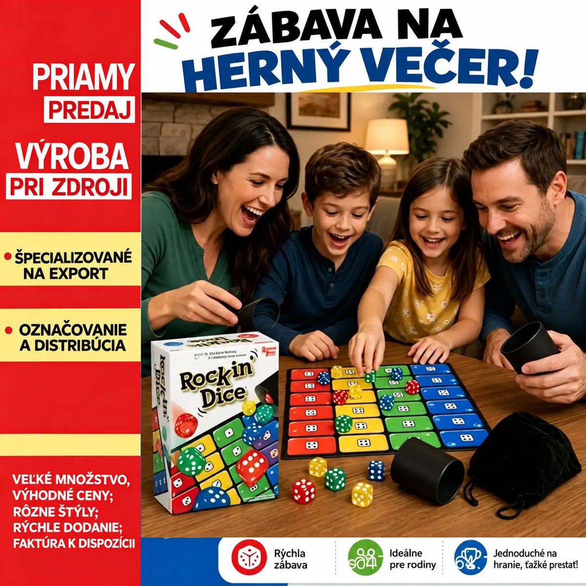🎲👨‍👩‍👧‍👦 Rodinná desková hra Rockin' Dice – rychlá a zábavná kostková hra pro 2-4 hráče. Ideální pro společný večer, jednoduchá pravidla, která zvládne každý! ✨