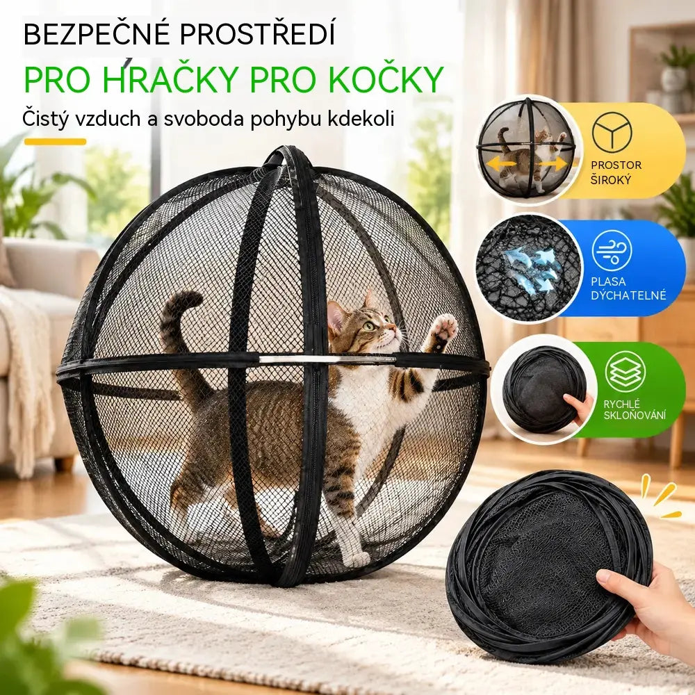 🐱 Skládací kulovitý stan pro kočky s prodyšnou síťovinou · 360° ochrana · Bezpečný prostor na hraní doma i venku!