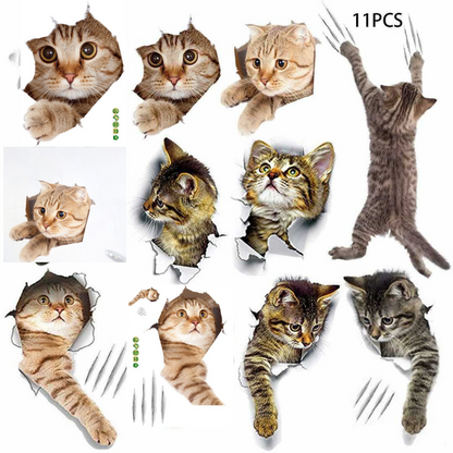 【11 ks】🐱Trojrozměrná samolepka ve tvaru kočky a auta, lze použít jako samolepky na zeď do koupelny, ložnice a obývacího pokoje