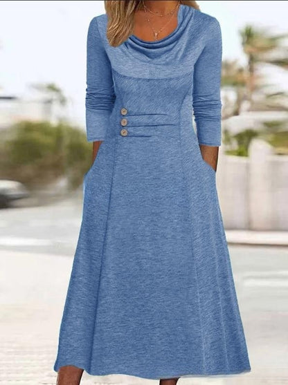 【S-3XL】👗 Nové podzimní jednobarevné šaty s kulatým výstřihem a knoflíkem v pase do kapsy pro rok