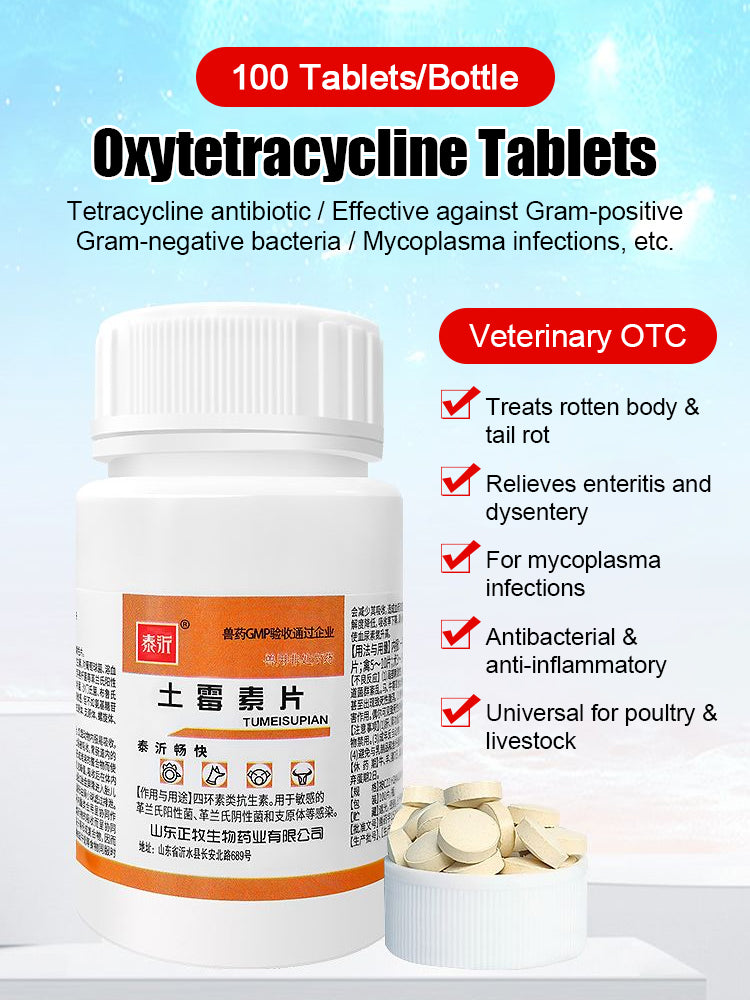 Tablety oxytetracyklinu jsou vhodné pro kuřata, kachny, husy, prasata, ovce, ptáky a psy a mají antibakteriální účinky při průjmu. Účinkují do 2 hodin.