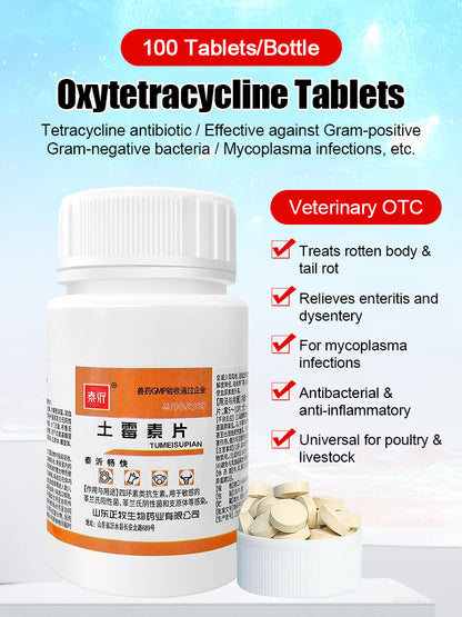Tablety oxytetracyklinu jsou vhodné pro kuřata, kachny, husy, prasata, ovce, ptáky a psy a mají antibakteriální účinky při průjmu. Účinkují do 2 hodin.