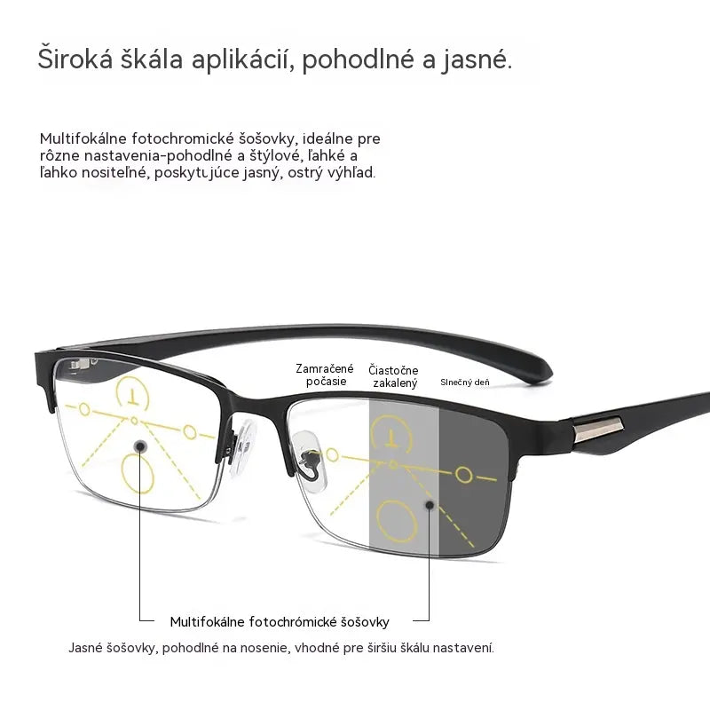 Nové polorámové brýle na presbyopii vhodné pro středně staré a starší lidi, s funkcemi zvětšení, multifokální, citlivé na světlo, mění barvu a blokují modré světlo