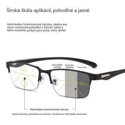 Nové polorámové brýle na presbyopii vhodné pro středně staré a starší lidi, s funkcemi zvětšení, multifokální, citlivé na světlo, mění barvu a blokují modré světlo