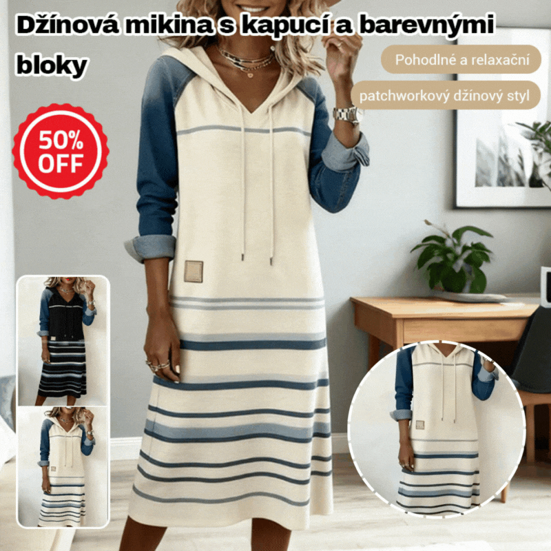 🔥【Kupte 1 a dostanete 1 zdarma】【S-3XL】2026 Žhavé nové džínové barevné blokové mikiny s kapucí