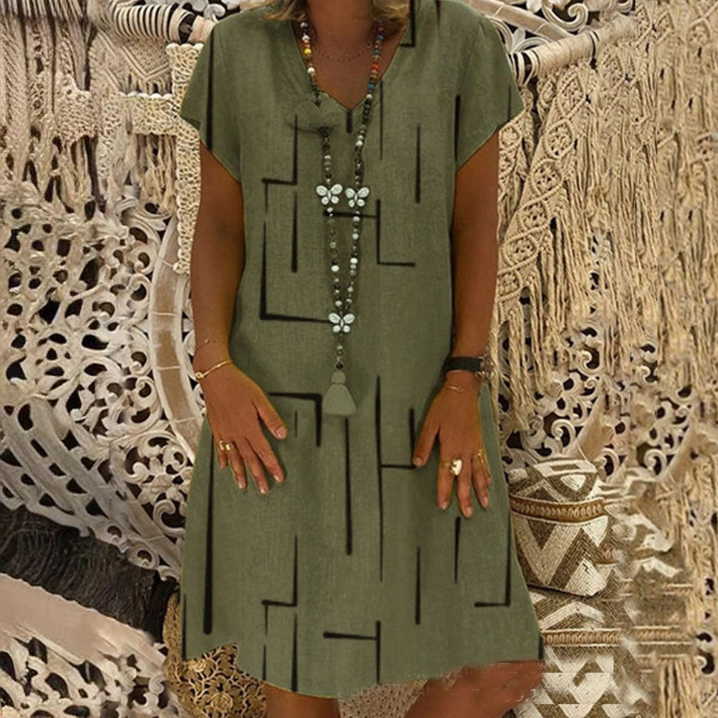 【45% OFF】【🏆 Kupte 1 a získáte 1 zdarma】👗【S-5XL】Potištěné bavlněné šaty s výstřihem do V