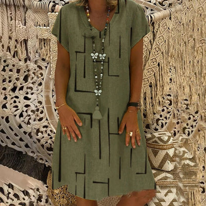 【45% OFF】【🏆 Kupte 1 a získáte 1 zdarma】👗【S-5XL】Potištěné bavlněné šaty s výstřihem do V