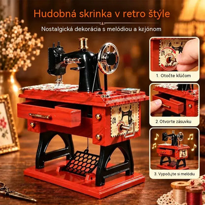 🎵✨ Dřevěná hrací skříňka ve stylu vintage šicího stroje | Stolní dekorace s natahovacím mechanismem | Retro dárek 🧵