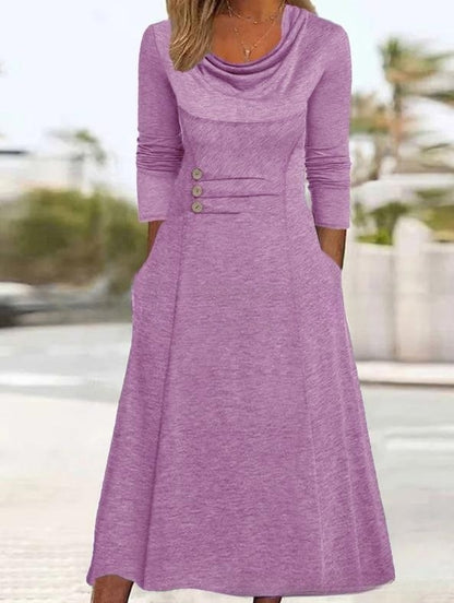 【S-3XL】👗 Nové podzimní jednobarevné šaty s kulatým výstřihem a knoflíkem v pase do kapsy pro rok